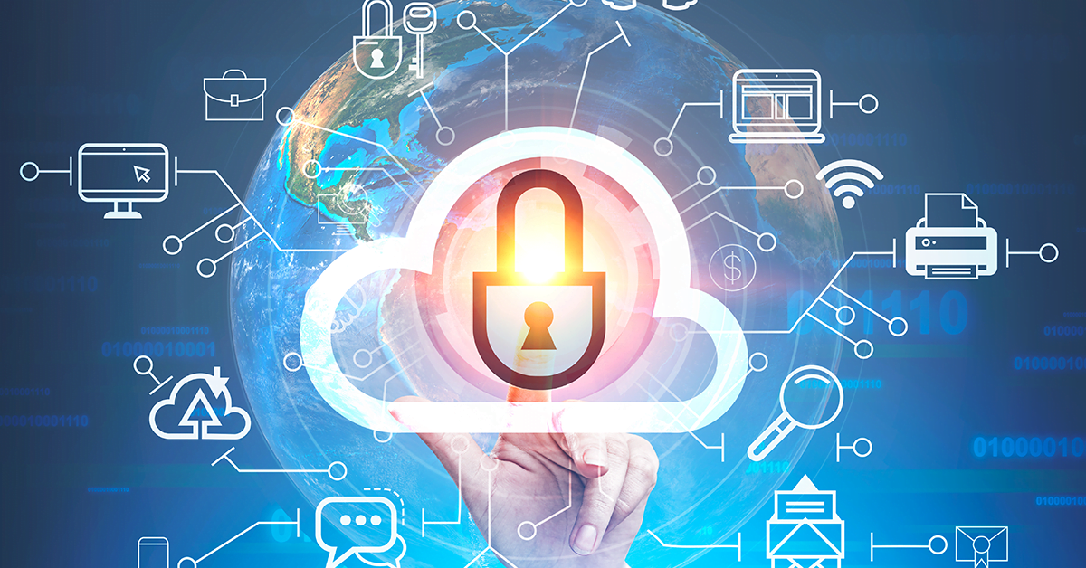 Woman hand touching secure cloud computing icon over blue background with lines of code and Earth. Toned image double exposure.