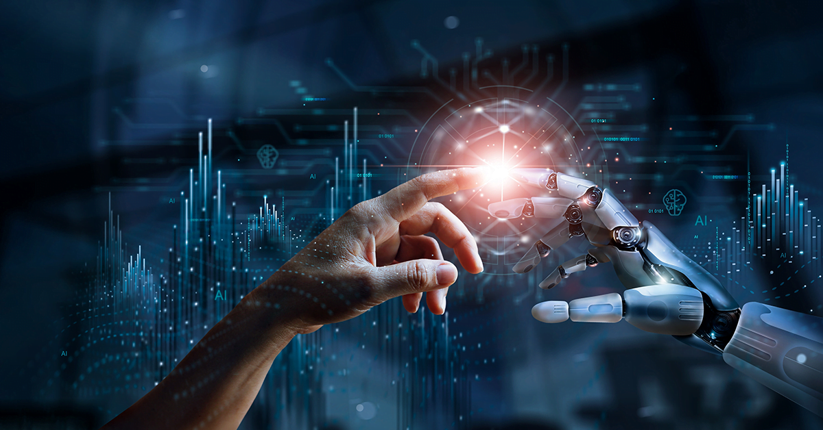 Human hand connecting with a robotic hand